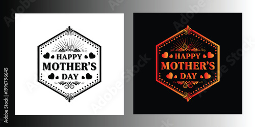 Happy Mothers Day text with floral wreath and hearts in black and gold on white and black backgrounds