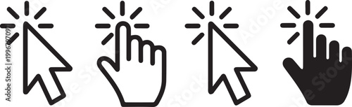 Set of four computer mouse cursor and hand pointer with click effect, featuring both outlined and solid black isolated on a white background, for digital user, interface navigation use
