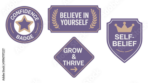 Self belief and confidence badge collection with inspirational signs, editable EPS vector illustrations, professional motivational emblem set for empowerment and success concepts