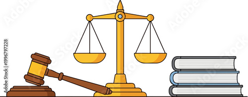 Justice scales and wooden judge gavel with law books, legal system symbols vector illustration, courtroom equipment for attorney and trial concepts