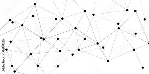 Abstract Vector network of interconnected nodes representing the concept of connectivity, technology, communication and structure with polygon and dot over white background.