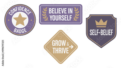 Self belief and confidence badge collection with inspirational signs, editable EPS vector illustrations, professional motivational emblem set for empowerment and success concepts