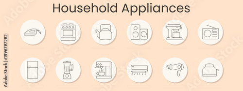 Household appliances set icon. Minimal line badges, iron, stove, kettle, speakers, stand mixer, radio, refrigerator, blender, coffee machine, air conditioner, hairdryer, multicooker