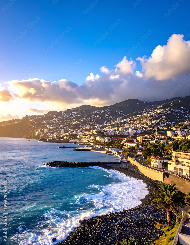 Obraz premium A scenic coastal town beside a rocky beach at sunset