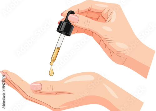 Essential oil dropper applying liquid to hand, skincare serum treatment vector, cosmetic pipette with golden oil drop for beauty routine