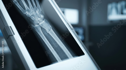 X ray scan medical radiograph wrist forearm bone fracture trauma injury diagnosis on tablet screen in hospital clinic showing skeletal detail for orthopedic care and emergency radiology evaluation