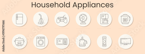 Household appliances set icon. Blue outline badges, refrigerator, vacuum cleaner, game controller, fan, coffee machine, multicooker, rice cooker, washing machine, microwave oven