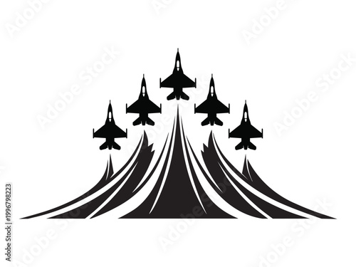 Aerobatic jet team performing formation flight with curved smoke trails in dynamic composition silhouette.