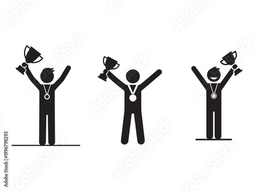 Three winners holding trophy and wearing medals on podium celebration success victory.