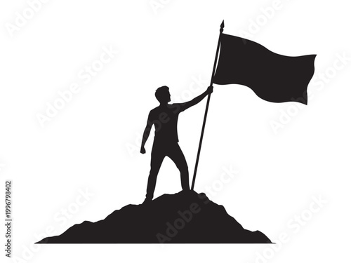 Man holding flag on mountain top summit success achievement victory conquest exploration.