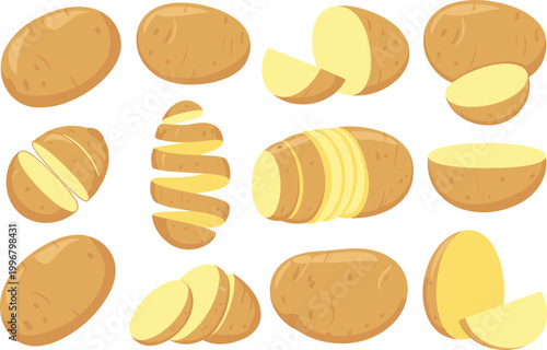 Potato set, whole and sliced tubers, fresh vegetable food, cooking ingredient vector illustration collection