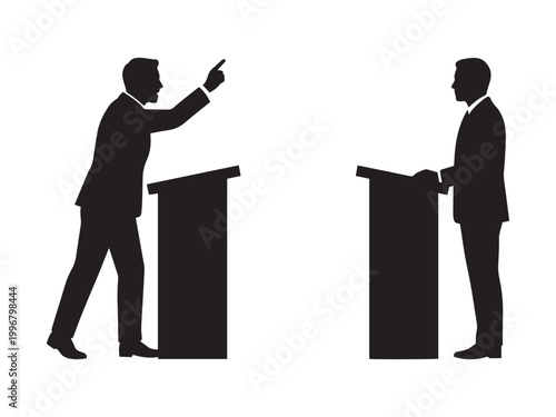 Political debate silhouette of two men speaking behind podiums.