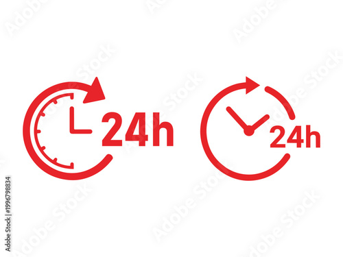 Red 24h 24 hours clock icon circular arrow symbol.