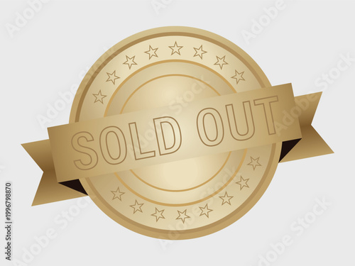 Sold out gold seal badge with star pattern and decorative ribbon element.