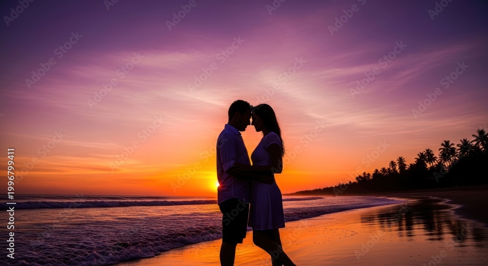 Fototapeta premium Romantic beach sunset silhouette of a couple in love.