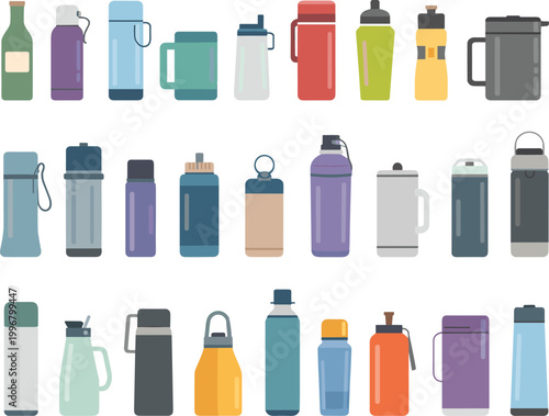 Water bottles and drink containers set, reusable hydration flasks collection, modern vector illustration icons