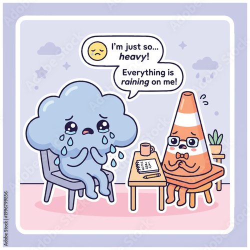 Canvas Print Sad cloud crying and talking to traffic cone therapist.
