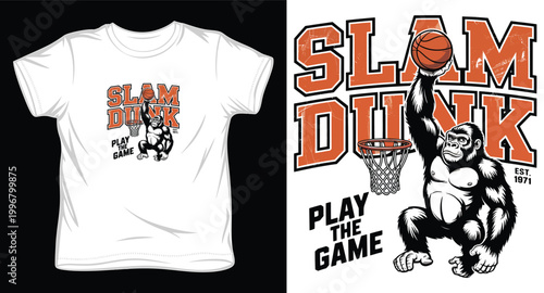 Slam dunk t-shirt design with a strong gorilla character playing basketball, play the game.