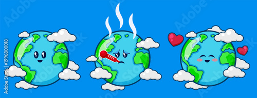 Global Warming and Climate Change Concept with Cute Cartoon Earth Characters