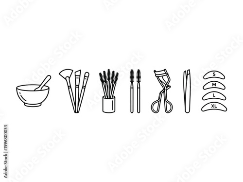 Collection of beauty and makeup tools illustrated in a simple line art style.