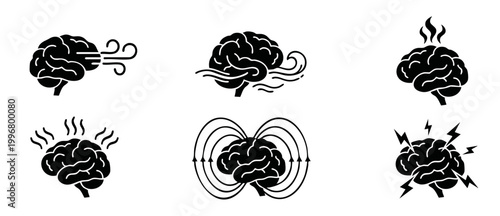Brain icon set with mental states and cognitive function symbols for psychology, neurology, and education designs, featuring stress, focus, creativity, and brainstorming concepts in flat black vector.
