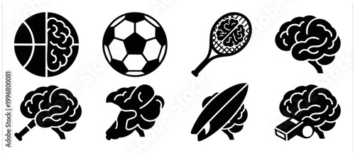 Sports Brain Icon Set, Mental Performance and Athletic Psychology Vector Symbols, Basketball Soccer Tennis Surfing Whistle Equipment Combinations for Fitness Coaching, Training Mindset and Sports Logi