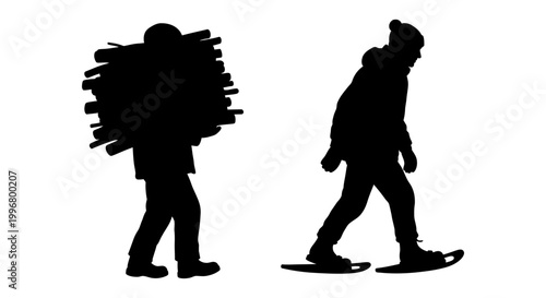Man carrying firewood and man snowshoeing icon silhouette, white background, vector Illustration