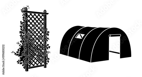Garden trellis and greenhouse icon set, silhouette style, white background, vector Illustration