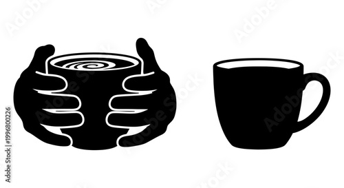 Coffee cup icon set with hands holding mug, solid silhouette style, white background, vector Illustration