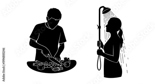 Cooking and showering activities icon set, black silhouette, white background, vector Illustration