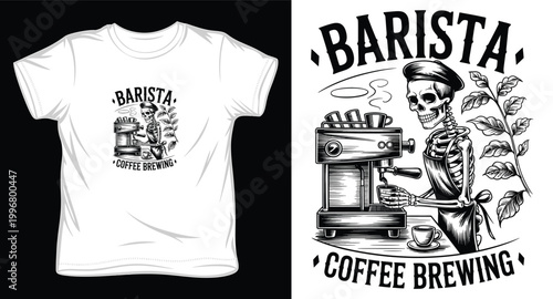 Barista skeleton brewing coffee with espresso machine vintage t-shirt design.