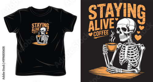 Staying alive coffee skeleton holding cup with heart shapes vector illustration.