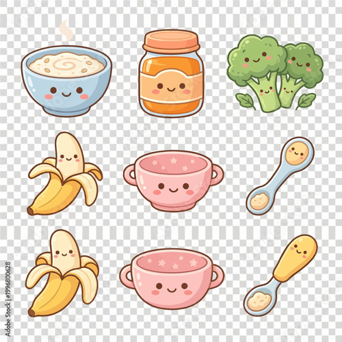 Cute kawaii baby food clipart set including bowl of porridge, fruit puree jar, fresh broccoli, peeled banana, infant feeding bowl, and baby spoon with smiling faces