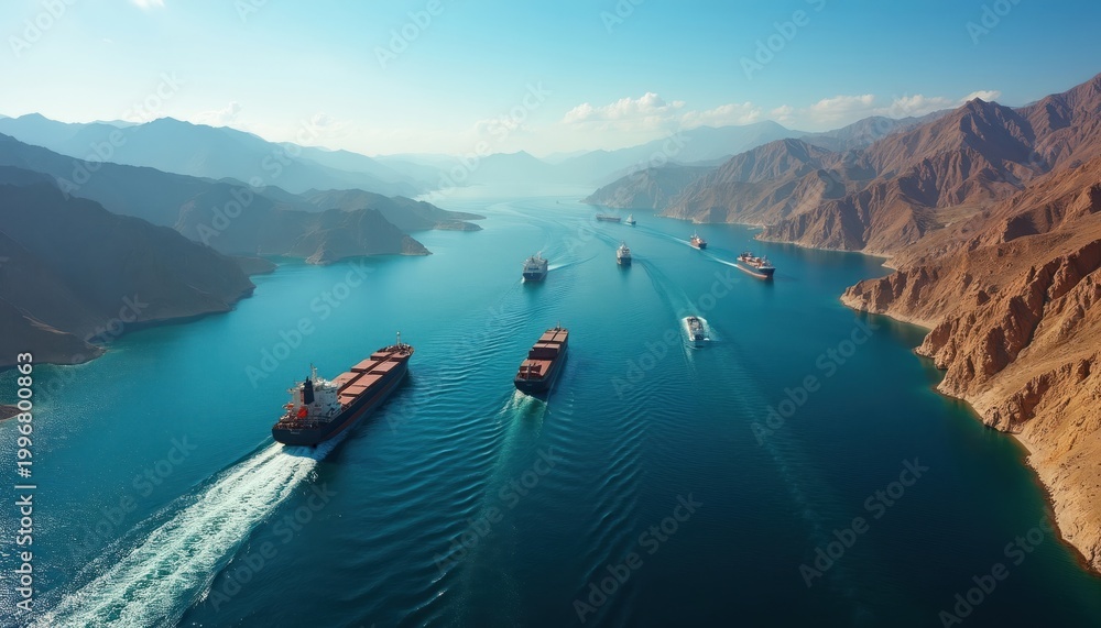 Naklejka premium Large cargo ships sail through a narrow sea strait flanked by barren mountains. Vessels navigate deep blue water under a clear sky. Global trade and maritime transport happen here.