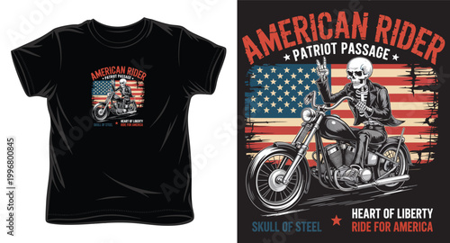 American rider skeleton on motorcycle american flag patriot passage heart of liberty ride for america.