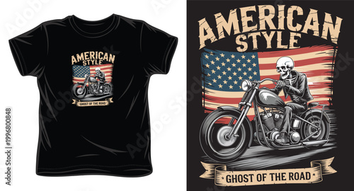 American style skeleton ghost of the road american flag motorcycle rider vintage.
