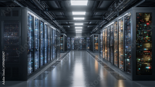 Foto Modern data center server room with black racks, blue LEDs, organized cables, vo
