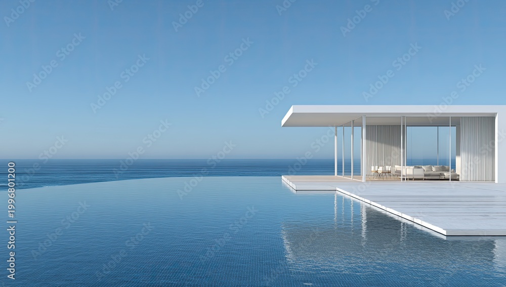 Fototapeta premium Modern white house with pool and sea. Blue water reflects clear sky. Minimalist architecture