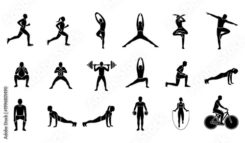 Fitness and Exercise Icon Set Featuring Running, Yoga, Strength Training, Stretching and Cardio Activities in Black Silhouette Style for Health and Workout Design