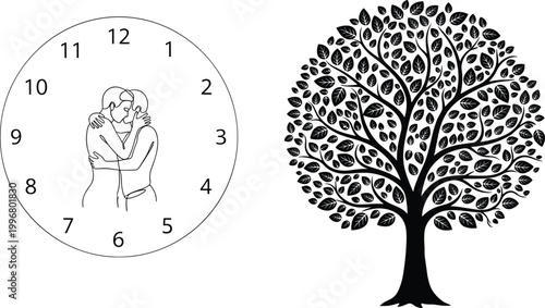Conceptual vector set featuring a line art couple embracing inside a clock face and a detailed black silhouette of a leafy round tree