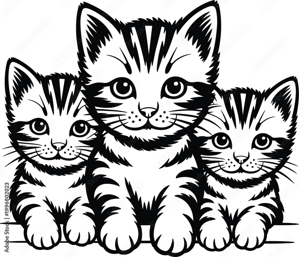 Obraz premium cute, kittens, trio, cartoon, cats, line, art, illustration, adorable, pets, black, white, vector, animal, smiling, whiskers, isolated, design, clipart