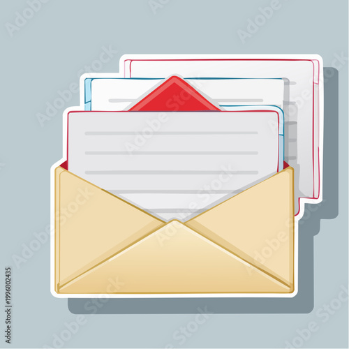 Open Envelope with Stack of Letters and Red Card