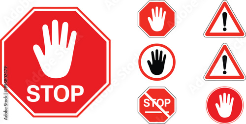 Red stop sign icon set with hand symbol for warning attention prohibition danger alert road safety sign vector illustration