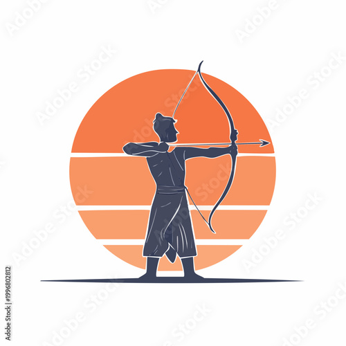 Archer aiming bow and arrow against a sunset background