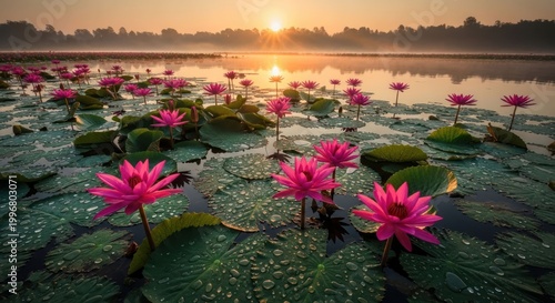 Serene sunrise over a lotus pond vibrant pink flowers in full bloom.