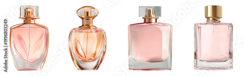 Four elegant perfume bottles in pink and gold tones showcasing sleek designs and luxurious textures for cosmetic packaging isolated on a white or transparent background