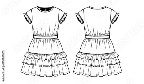 Kids summer dress with ruffles technical flat sketch vector front and back