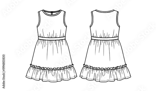 Girls summer dress technical drawing vector front back frill fashion sketch