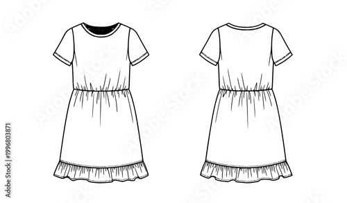Minimal girls summer dress technical drawing vector frill hem front back