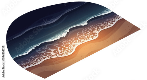 Aerial view of a sandy beach meeting the dark blue ocean, the waves creating a foamy white line that contrasts with the shore, in a digitally generated illustration with vibrant colors